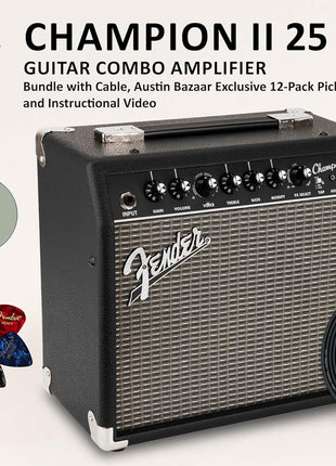 Fender Champion II 25-Watt Guitar Combo Amplifier Bundle with Instrument Cable, Picks, and Austin Bazaar Instructional Video
