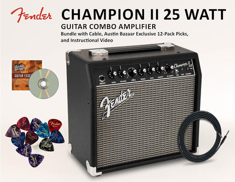 Fender Champion II 25-Watt Guitar Combo Amplifier Bundle with Instrument Cable, Picks, and Austin Bazaar Instructional Video