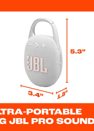 JBL Clip 5 - Ultra-Portable, Waterproof & Dustproof Bluetooth Speaker, Big Pro Sound with Punchy bass, Integrated Carabiner, Up to 12 Hours of Play, Made in Part with Recycled Materials (White)