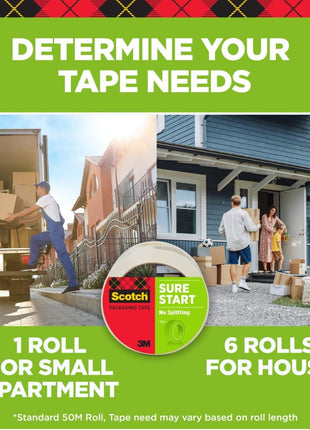 Scotch Sure Start Shipping Packaging Tape, 1.88 inch x 54.6 yd, Designed for Packing, Shipping and Mailing, Quiet Unwind, No Splitting or Tearing, 3 inch Core, Clear, 1 Roll (345)
