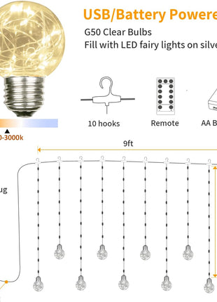 YOLIGHT Wishing Ball Curtain Lights 200 LED Window Curtain String Lights with Remote, USB Battery Powered Twinkle Globe Fairy Lights for Wedding Party Bedroom Christmas Decoration (Warm White)
