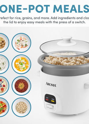 AROMA Rice Cooker, 3-Cup (Uncooked) / 6-Cup (Cooked), Small Rice Cooker, Oatmeal Cooker, Soup Maker, Auto Keep Warm, 1.5 Qt, White, ARC-393NG