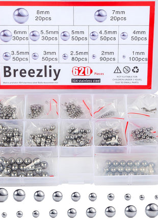 Breezliy 304 Stainless Steel Ball 620Pcs 1-8mm Metric Precision Assorted Loose Bicycle Bearing Steel Ball Assortment Kit(12 Sizes)