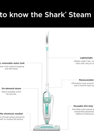 Shark Steam Mop for Sealed Hard Floors with 2 Dirt Grip Pads, White, S1000 | Removable Water Tank, Lightweight, 2 Machine Washable Dirt Grip Pads, Steam Sanitization on Sealed Hard Floors