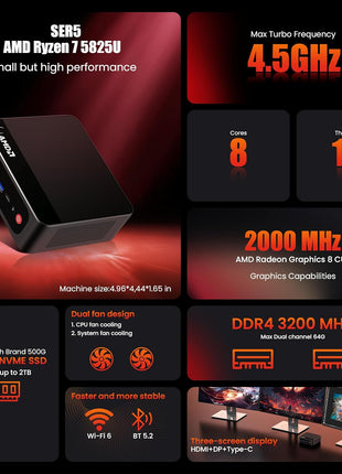 Beelink Mini PC, SER5 Pro 5625U AMD Ryzen 5 (Up to 4.3GHz) 16GB DDR4 480GB M.2 SSD Mini Desktop Computer, 2.5Gbps LAN, Wifi6/BT5.4,HDMI/DP/Type-c/4K Triple Display Micro PC