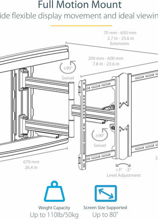 StarTech.com TV Wall Mount for up to 80 inch (100lb) VESA Mount Displays - Low Profile Full Motion Universal TV Wall Mount Bracket - Heavy Duty Adjustable Tilt/Swivel Articulating Arm (FPWARTS1)