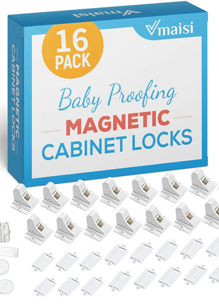 Vmaisi Child Safety Magnetic Cabinet Locks Baby Proofing 16 Locks & 2 Keys | Children Proof Baby Locks - Adhesive or Screws Fixed for Cabinets and Drawers Protection