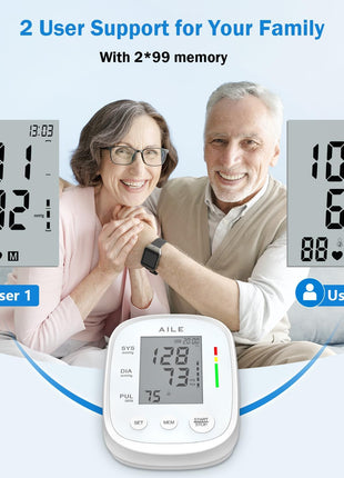 AILE Upper Arm Blood Pressure Monitor, Bp Cuff(8.7"-16.5"), 2x99 Memory | One-Touch Accuracy Readings, Digital Display, Memory Function, Fast 30 Reading, USB-C or 4 AAA, Home Use or Travel