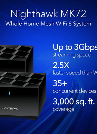NETGEAR Nighthawk Advanced Whole Home Mesh Dual Band WiFi 6 System (MK72)– AX3000 Router with 1 Satellite Extender, Coverage up to 3,000 sq. ft. and 35+ Devices - Free Expert Help