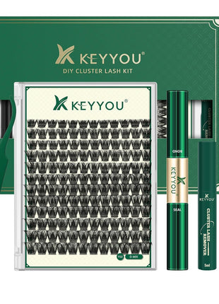 KEYYOU Lash Clusters Kit 144pcs Thick Volume D Curl Eyelash Clusters Lash Extension Kit with Mascara Brush Bond and Seal Glue Remover Applicators and Brush for DIY Lash Extensions (Y02)