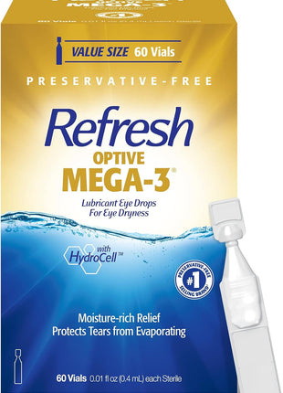 REFRESH OPTIVE MEGA-3 Lubricant Eye Drops Preservative-Free Artificial Tears, 0.01 fl oz (0.4 mL), 60 Single-Use Containers