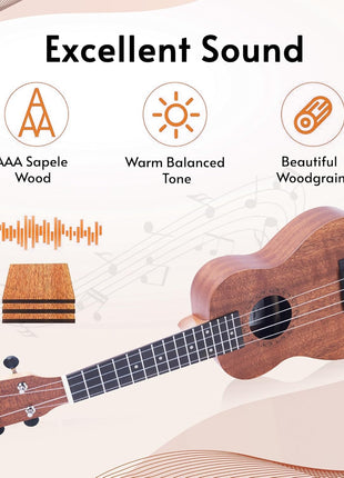 ADM Ukulele Beginner Kit Mahogany Hawaiian Wood Ukelele Bundle Ukalalee Set with Uke Free Starter Lessons for kids Students and Adults, Yellow Brown (Khaki, 21 inch)