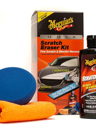 Meguiar's Quik Eraser Kit, Car Scratch Remover for Repairing Surface Blemishes, Car Scratch Repair Kit with ScratchX, Drill-Mounted Pad, and Microfiber Towel, 4 Count