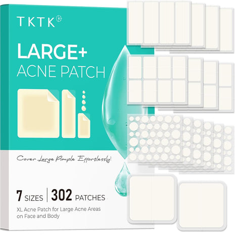 TKTK Large Pimple Patches for Face, 7 Sizes XL Acne Patches, Big Hydrocolloid Bandages for Body, Chin, Forehead, Chest, Back Zit Breakouts, Hydrocolloid Patch (Strip, Square, Dot 302 Count)