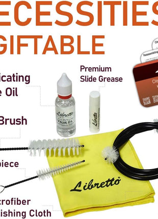 Libretto Trumpet (Cornet) All-Inclusive Care Kit w/Instructions: Valve Oil+Slide Grease+Cleaning Cloth+Mouthpiece/Valve/Bore Brushes, Giftable Handy Case, Time to Clean & Extend Life of Your Trumpet!