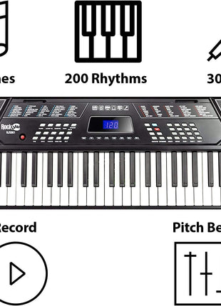 RockJam 61 Key Keyboard Piano Stand With Pitch Bend Kit, Piano Bench, Headphones, Simply Piano App & Keynote Stickers