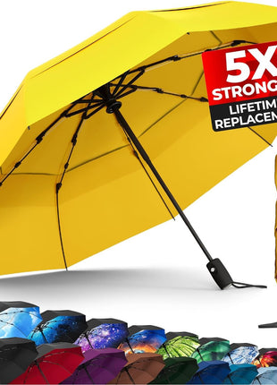 TUMELLA Strongest Windproof Travel Umbrella (Compact, Superior & Beautiful), Small Strong but Light Portable and Automatic Folding Rain Umbrella, Durable Premium Grip, Fits Car and Backpack
