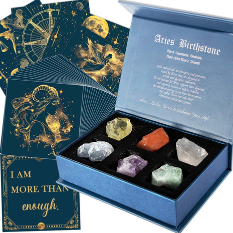 Faivykyd Aries Crystals Gifts for Women - 6 Aries Zodiac Healing Stones w/ 50 Miracle Mantras Affirmation Cards, Inspirational Astrology Gifts for Promoting Positive Energy, Self-Care & Love