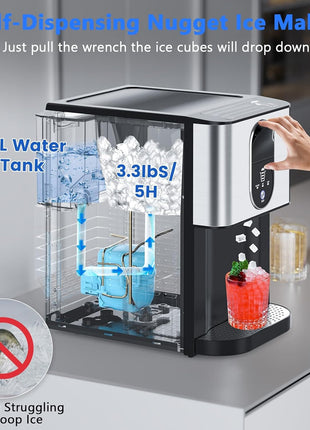Nugget Ice Makers Countertop, Self-Dispensing Pellet Ice Maker, 44Lbs/24H, Portable Pebble Ice Maker Machine with Self-Cleaning, Soft Chewable Ice Makers for Home Kitchen Office, Silver