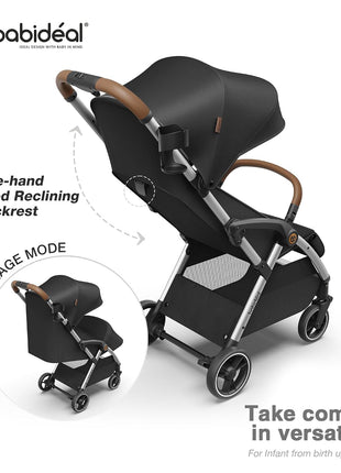 Babideal Lightweight Travel Stroller for Baby, Self-Folding Toddler Stroller with Large Canopy, One-Hand Operated Reclining Seat, Cup Holder Included - Newborn to 50lbs. (Black)