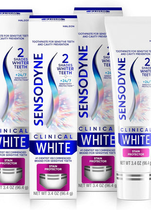 Sensodyne Clinical White Toothpaste Clinically Proven Whitening for Sensitive Teeth, Stain Protector, 3.4 oz x 3