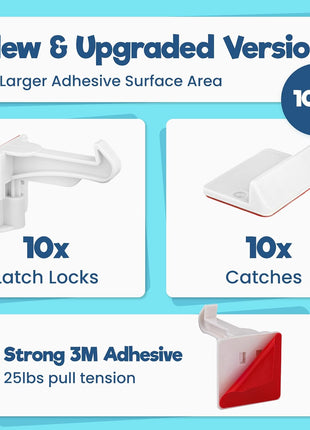Upgraded Invisible Baby Proofing Cabinet Latch Locks (10 Pack) - No Drilling or Tools Required for Installation, Works with Most Cabinets and Drawers, Works with Countertop Overhangs, Highly Secure