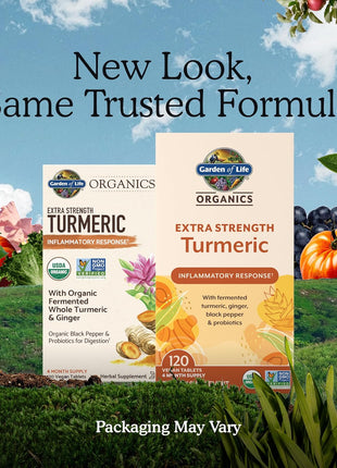 Garden of Life Organics Extra Strength Turmeric Inflammatory Response 120 Tablets-100Mg Curcumin (95% Curcuminoids) Black Pepper, Probiotics, Organic Non-GMO Vegan Gluten Free Herbal Supplement