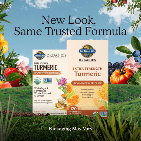 Garden of Life Organics Extra Strength Turmeric Inflammatory Response 120 Tablets-100Mg Curcumin (95% Curcuminoids) Black Pepper, Probiotics, Organic Non-GMO Vegan Gluten Free Herbal Supplement