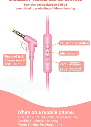 New Bee Kids Headphones Wired for School with Microphone KH20 HD Stereo Safe Volume Limited 85dB/94dB Foldable Lightweight for Girl/Mac/Android/Kindle/Tablet/Pad (Pink)