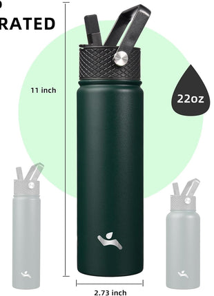 Konokyo 22oz Stainless Steel Bottles with 3 Lids Sport Insulated Water Bottle,Army Green