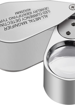 40X Full Metal Illuminated Jewelry Loop Magnifier, XYK Pocket Folding Magnifying Glass Jewelers Eye Loupe with LED(LED Currency Detecting/Jewelry Identifying)
