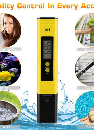 Digital pH Meter Tester Pen for Water, Pre-Calibrated, High Accuracy ±0.01, 0–14 pH Range, Pocket Size for Drinking Water, Pool, Aquarium & Hydroponics (Yellow)
