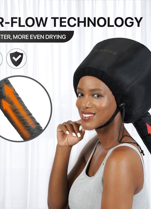 Hooded Hair Dryer Attachment w/A Headband Integrated That Reduces Heat Around Ears & Neck - Hair Dryer Hooded Diffuser Cap for Curly, Speeds Up Drying Time, Deep Conditioning At Home - Portable, Large