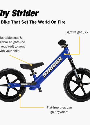 Strider 12 Sport, No Pedal Balance Bike for Kids Ages 1–4 Years, Blue | No-Pedal Balance Bike for Toddlers, Safety Pad, Adjustable Seat and Handlebars, Lightweight Frame, Never-Flat Tires