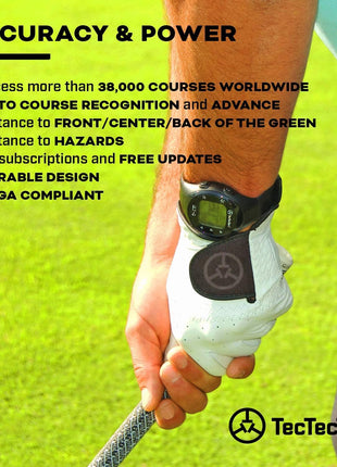 TecTecTec ULT-G Stylish, Lightweight and Multi-Functional Golf GPS Watch, Durable Wrist Band with LCD Display, Worldwide Preloaded Courses - Black