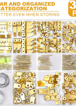 303Pcs Picture Hanging Kit, Picture Hangers Assorted Kit with Heavy Duty Picture Hanging Hooks/Hardware Nails/Sawtooth/Wire/D Rings/Level, Metal Picture Wall Hooks for Frame Canvas Mounting