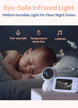 1080P WiFi Baby Monitor with Camera and Audio, Pan-Tilt-Zoom Video Camera, 4'' IPS Screen, HD Night Vision, Motion & Cry Detection, 360° View, Temperature Sensor, Feeding Reminder, Lullabies