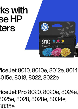 HP 910 Cyan, Magenta, Yellow Ink Cartridges | Works with HP OfficeJet 8010, 8020 Series, HP OfficeJet Pro 8020, 8030 Series | Eligible for Instant Ink | 3YN97AN, 3 Count (Pack of 1)