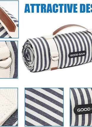 G GOOD GAIN Waterproof Picnic Blanket Portable with Carry Strap for Beach Mat or Family Outdoor Camping Party (Navy Blue)