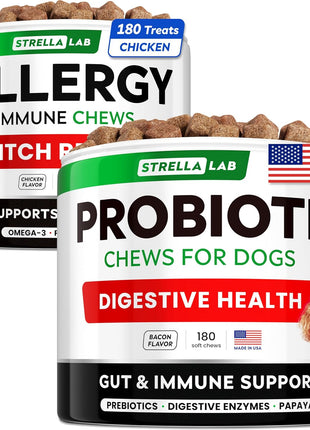 Allergy Relief + Probiotics Dogs Bundle - Itchy Skin Treatment + Digestive Enzymes - Omega 3 & Pumpkin + Prebiotics - Dogs Itching & Licking Treats + Improve Digestion - 360 Chews - Made in USA