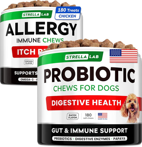 Allergy Relief + Probiotics Dogs Bundle - Itchy Skin Treatment + Digestive Enzymes - Omega 3 & Pumpkin + Prebiotics - Dogs Itching & Licking Treats + Improve Digestion - 360 Chews - Made in USA