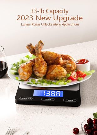 Food Scale -33lb Digital Kitchen Scale for Food Ounces Grams Rechargeable | 304 Stainless Steel,Batteries and Type-C Charging | Perfect for Meal Prep, Cooking, and Baking, Black