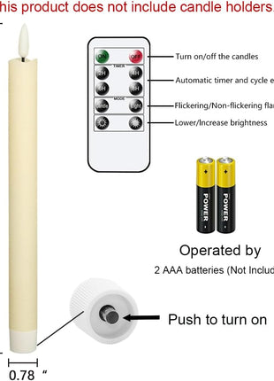 GenSwin Flameless Ivory Taper Candles Flickering with 10-Key Remote, Battery Operated Led Warm 3D Wick Light Window Candles Real Wax Pack of 6, Christmas Home Wedding Decor(0.78 X 9.64 Inch)