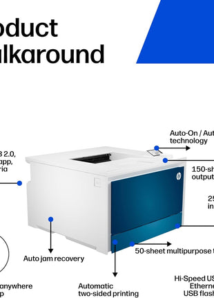 HP Color LaserJet Pro 4201dn Printer, Print, Fast speeds, Easy Setup, Mobile Printing, Advanced Security, Best-for-Small Teams. Ethernet & USB only. Not Wireless. White