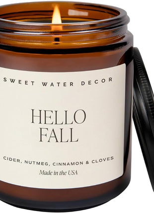 Sweet Water Decor Hello Fall Candle, 9oz Amber Jar, Autumn Scents for Home | Hot Cider, Cinnamon, Cloves, & Nutmeg Soy Wax Scent Notes, 40+ Hour Burn Time, Glass Jar, Black Lid, Thanksgiving & Halloween