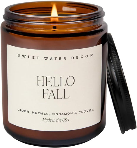 Sweet Water Decor Hello Fall Candle, 9oz Amber Jar, Autumn Scents for Home | Hot Cider, Cinnamon, Cloves, & Nutmeg Soy Wax Scent Notes, 40+ Hour Burn Time, Glass Jar, Black Lid, Thanksgiving & Halloween