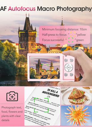 Digital Camera,Autofocus 4K Vlogging Camera for Photography with 32GB Card,48MP Portable Compact Point and Shoot Digital Camera for Teens Adult Beginner with 16X Zoom,Anti-Shake,2 Batteries(Pink)