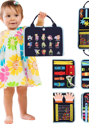 Busy Book for Toddlers, Montessori Felt Quiet Book Travel Toy | Soft felted wool, securely stitched with no loose pieces. Buttons, zippers and abacus build fine motor skills.