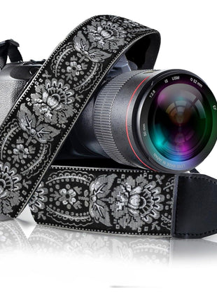 Camera Strap - Shoulder, Crossbody & Neck Camera Strap for Photographers, Fits All Cameras, Canon Nikon Sony Fujifilm, Padded Strap W/ Quick Release, Embroidered Cotton & Leather Ends, Blue