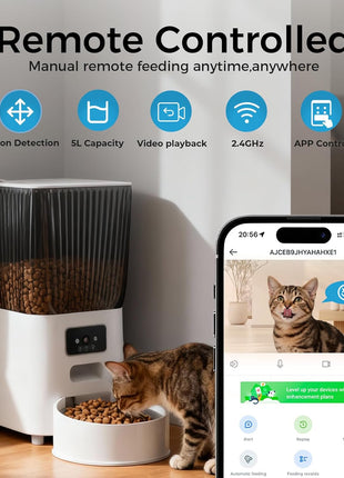 Automatic Cat Feeder with Camera, 5L Smart Dog Food Dispenser with App Control, 1080P Night Vision, Two-Way Audio. 22 Cups Large Hopper, Motion Detection, Timer (5L Single Bowl)